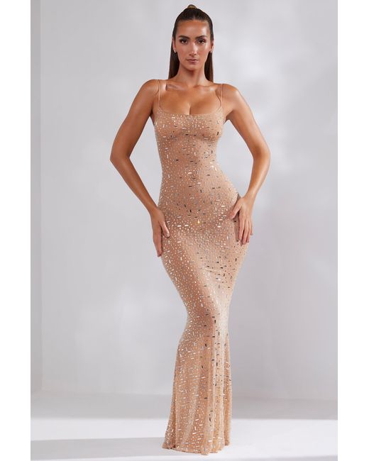 Oh Polly Natural Sheer Embellished Scoop Neck Evening Gown