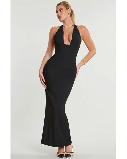 Oh Polly Black Woven Twill Halter Neck Plunge Maxi Dress