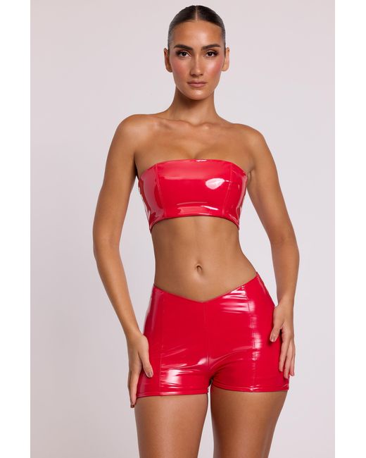 Oh Polly Red Vinyl Angled Waist Mini Shorts