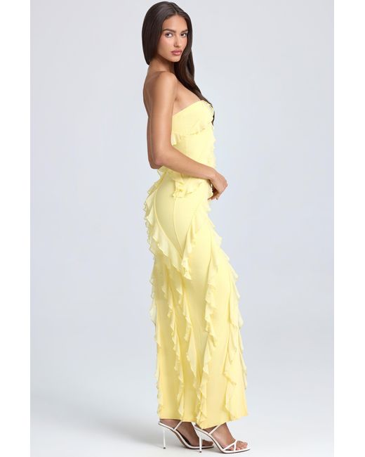 Oh Polly Yellow Bandeau Ruffle-Trim Maxi Dress