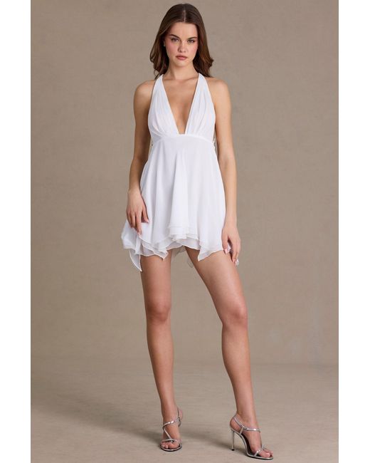 Oh Polly White Chiffon Plunge-Neck Open-Back Mini Dress