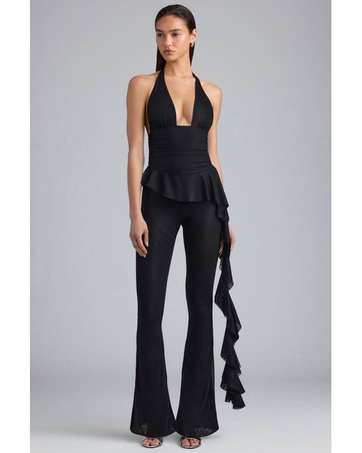 Oh Polly Black Metallic Ruffle Low-Rise Flared Trousers