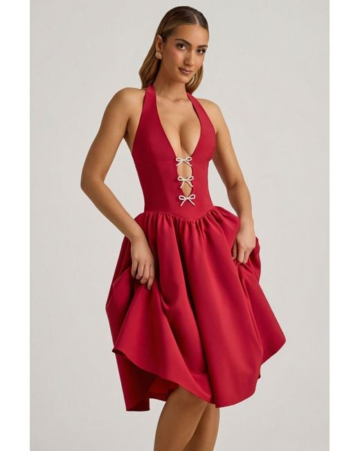 Oh Polly Red Halterneck Bow-Detail Midi Dress