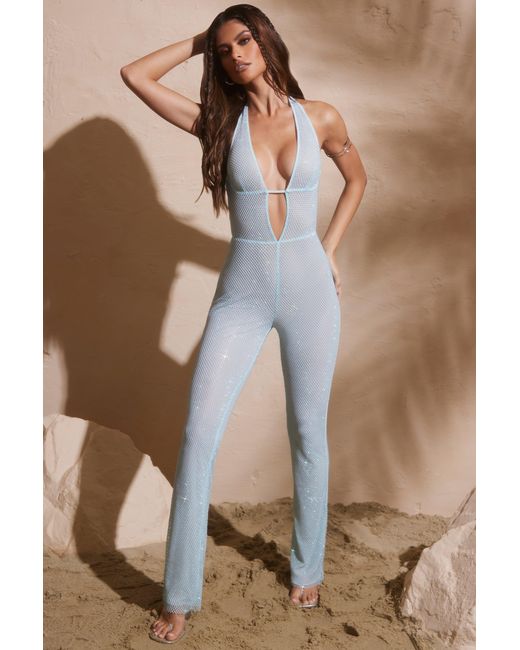 Oh Polly Blue Embellished Plunge Neck Jumpsuit