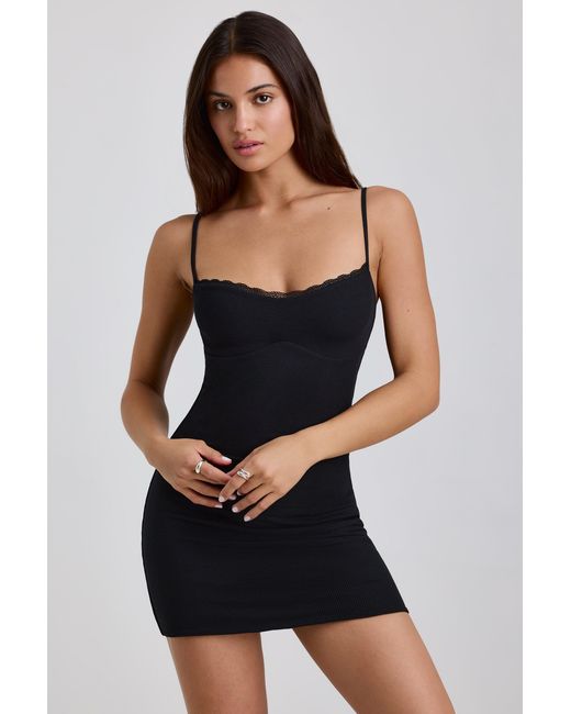 Oh Polly Black Ribbed Modal Lace-Trim Mini Dress