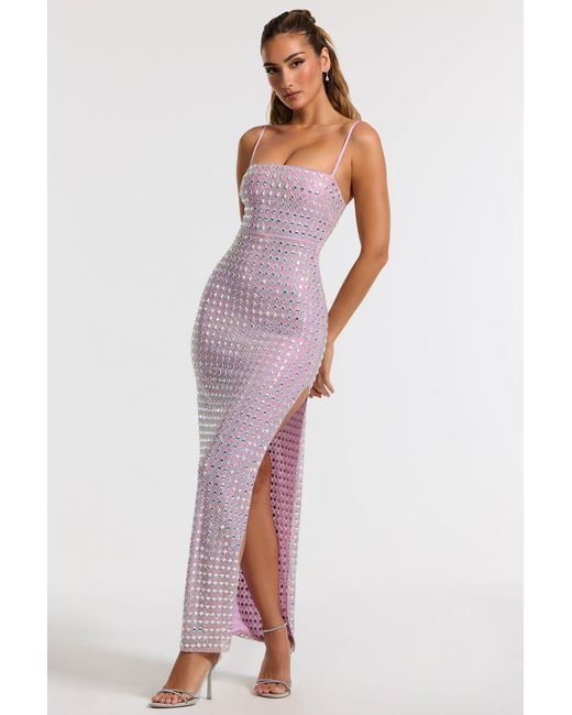 Oh Polly Purple Embellished Square Neck Thigh Split Gown