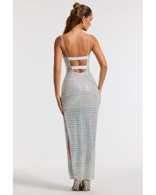 Oh Polly White Embellished Square Neck Thigh Split Gown