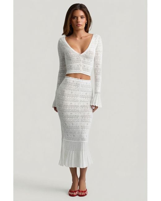 Oh Polly White Ruffle-Trim Pointelle-Knit Midaxi Skirt