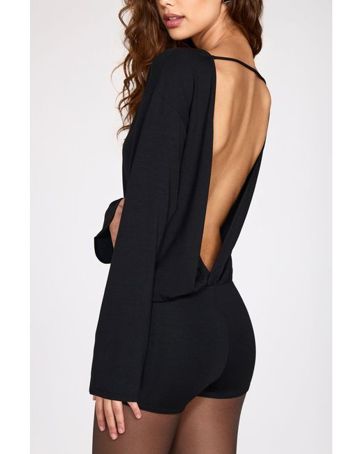 Oh Polly Black Modal Long-Sleeve Backless Romper