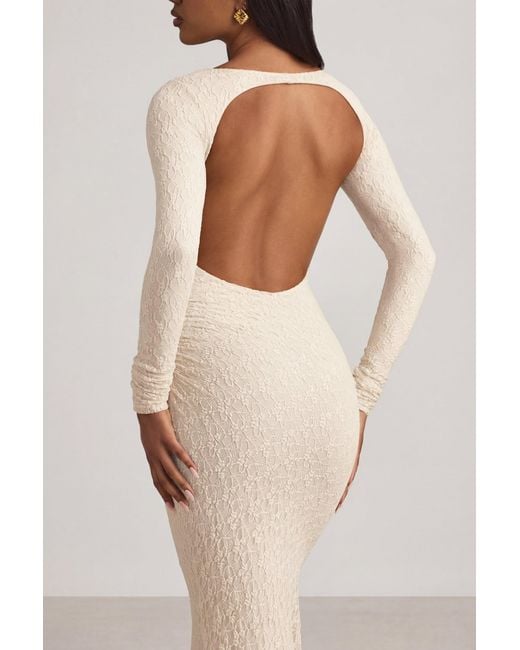 Oh Polly White Ruched Backless Lace Maxi Dress