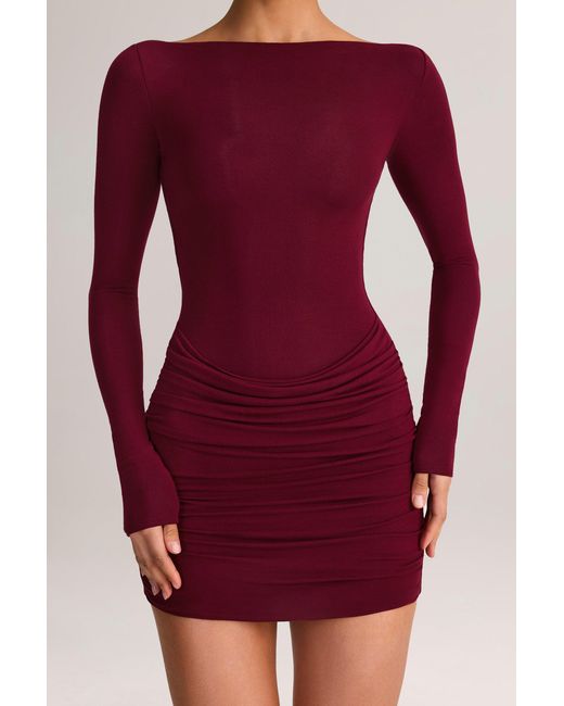 Oh Polly Red Modal Boat-Neck Draped Long-Sleeve Mini Dress