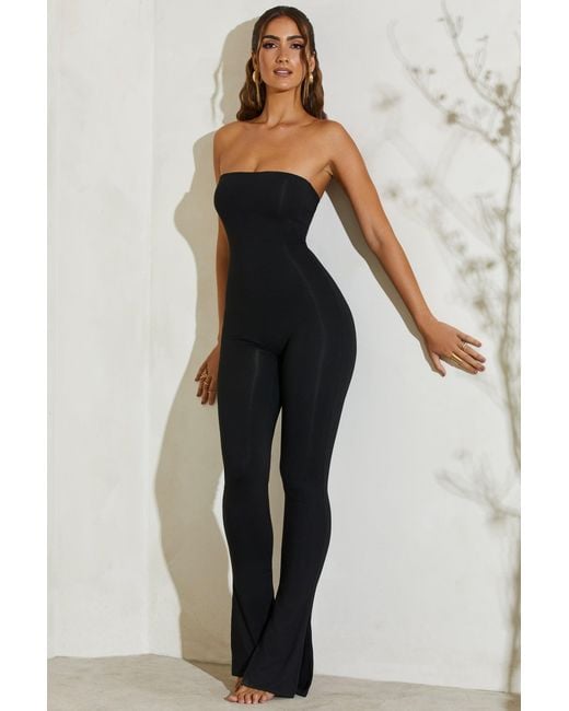 Oh Polly Black Strapless Flared Hem Jumpsuit