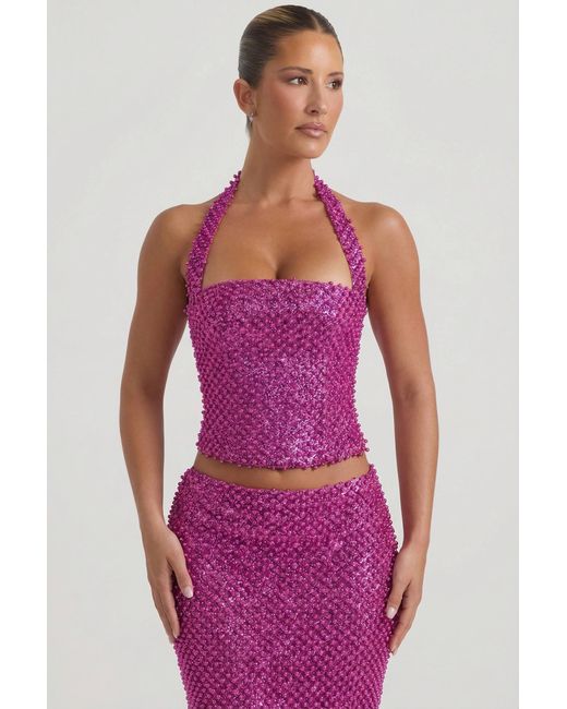 Oh Polly Purple Embellished Halterneck Corset Top