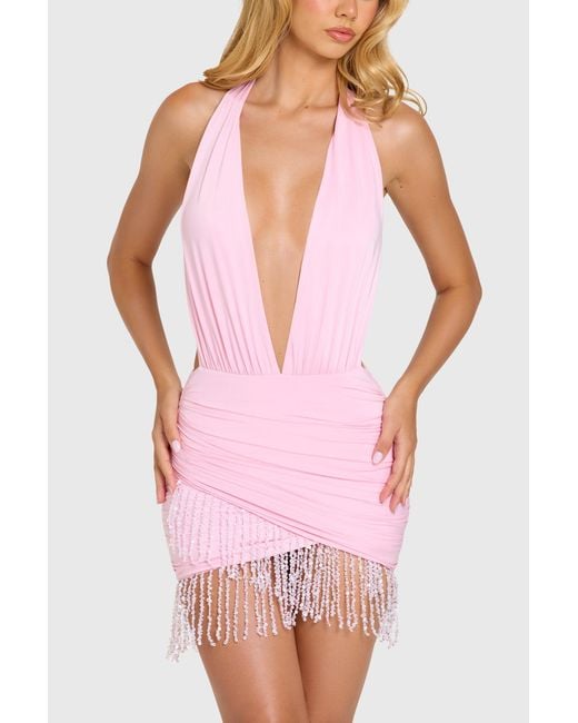 Oh Polly Pink Fringed Halterneck Mini Dress