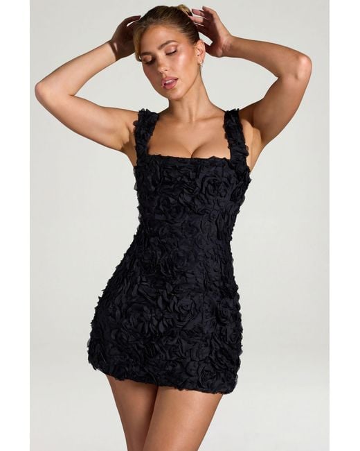 Oh Polly Black Floral-Appliqué Square-Neck Corset Mini Dress