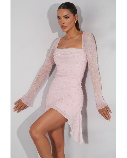 Oh Polly Pink Long Sleeve Embellished Cowl Neck Mini Dress