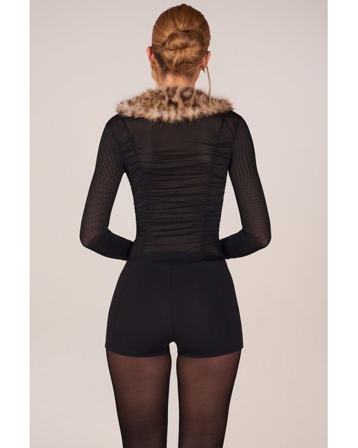 Oh Polly Black Faux Fur-Trim Playsuit