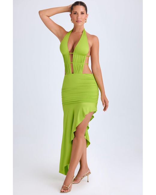 Oh Polly Green Asymmetric Cut-Out Halterneck Midaxi Dress