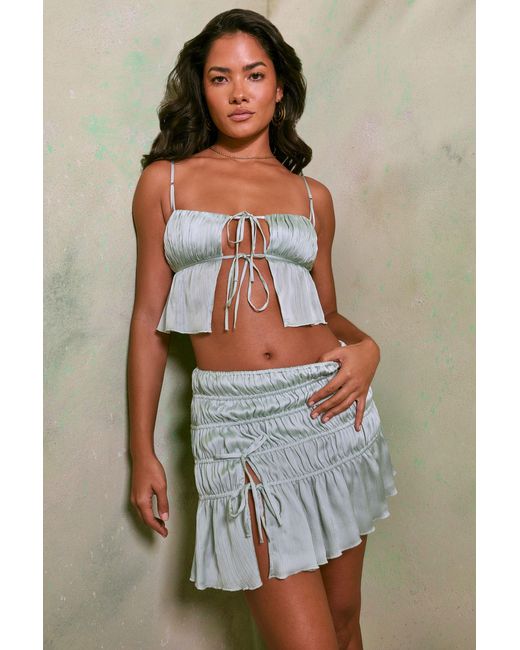 Oh Polly Green Shirred Tie Up Front Crop Top