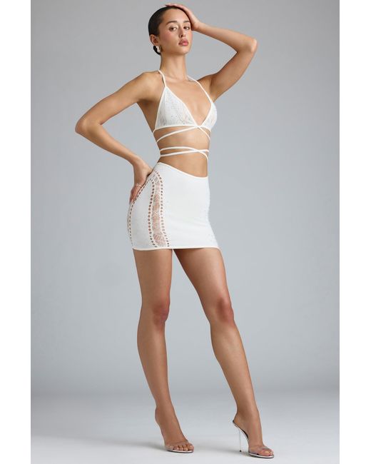 Oh Polly White Embellished Mid-Rise Mini Skirt
