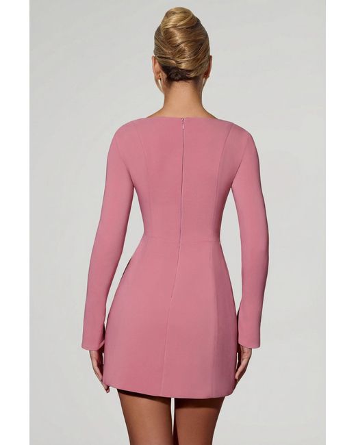 Oh Polly Pink Sweetheart-Neck Long-Sleeve A-Line Mini Dress