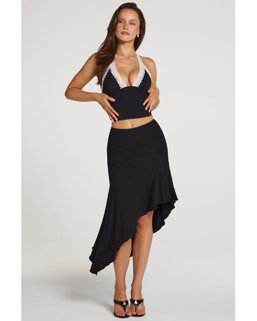 Oh Polly Black Modal Lace-Trim Halterneck Top