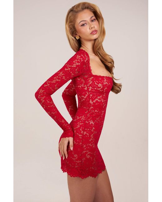 Oh Polly Red Sheer Scalloped-Lace Long-Sleeve Mini Dress