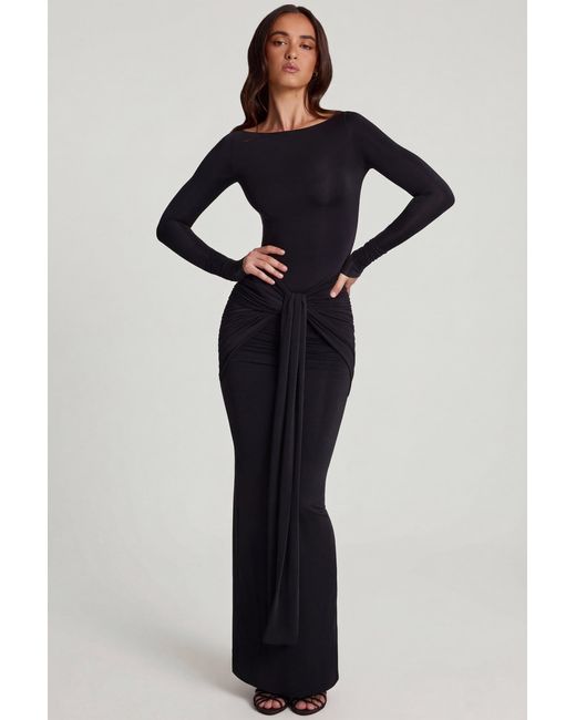 Oh Polly Black Soft Jersey Boat-Neck Tie-Gather Maxi Dress