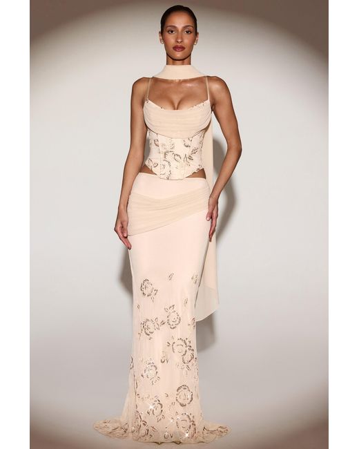 Oh Polly Metallic Embellished Draped Mid-Rise Maxi Skirt