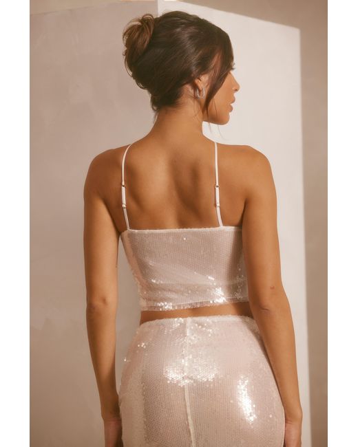 Oh Polly White Sheer Sequin Keyhole Cut Out Halter Neck Crop Top