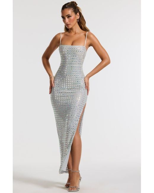 Oh Polly White Embellished Square Neck Thigh Split Gown