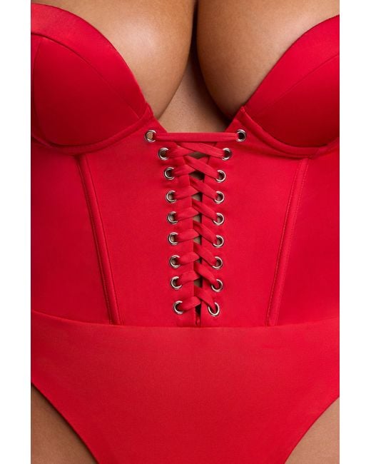 Oh Polly Red Satin Plunge Neck Lace Up Corset Bodysuit