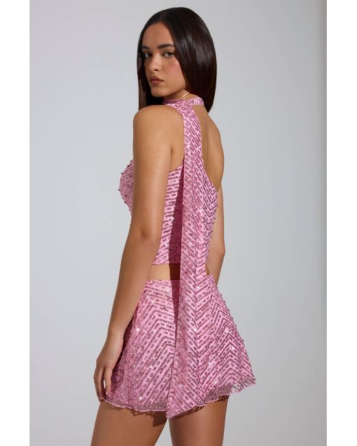 Oh Polly Pink Embellished Asymmetric Scarf-Detail Top