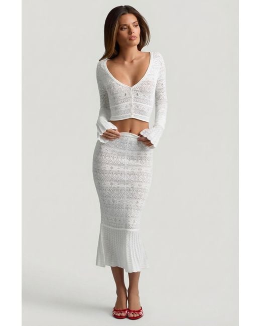 Oh Polly White Ruffle-Trim Pointelle-Knit Midaxi Skirt