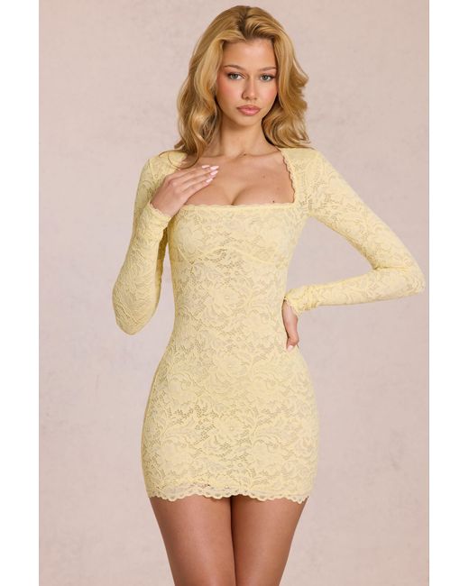 Oh Polly Yellow Scalloped-Lace Long-Sleeve Mini Dress