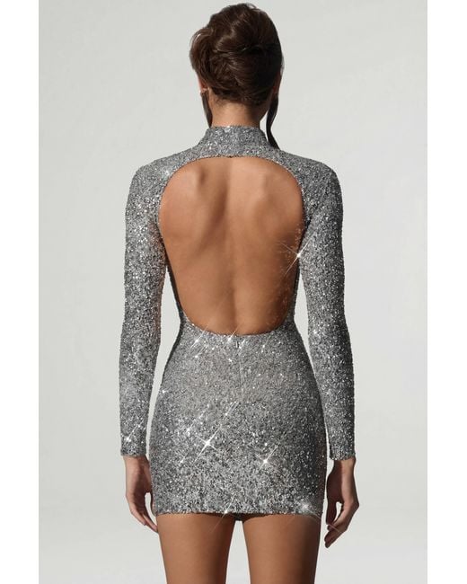 Oh Polly Metallic Embellished Open-Back Mini Dress