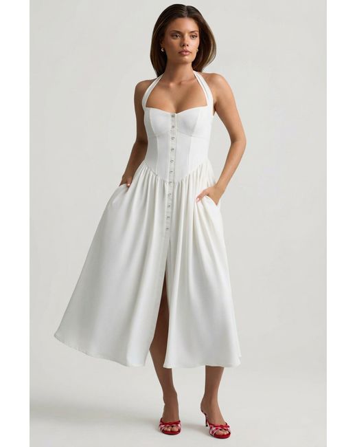 Oh Polly White Button-Detail Halterneck Midaxi Dress