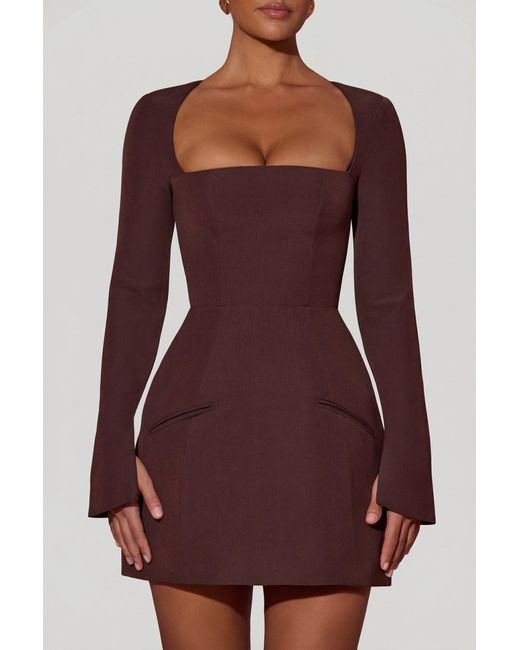 Oh Polly Brown Square-Neck Structured Tulip Mini Dress