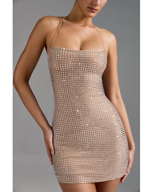 Oh Polly Natural Embellished Halterneck A-Line Mini Dress