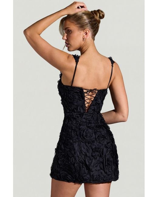Oh Polly Black Floral-Appliqué Square-Neck Corset Mini Dress
