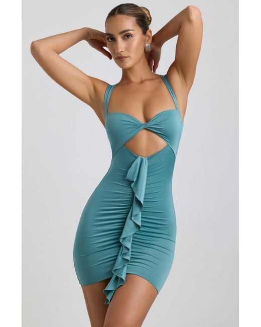 Oh Polly Green Slinky Jersey Cut-Out Ruffle-Trim Mini Dress