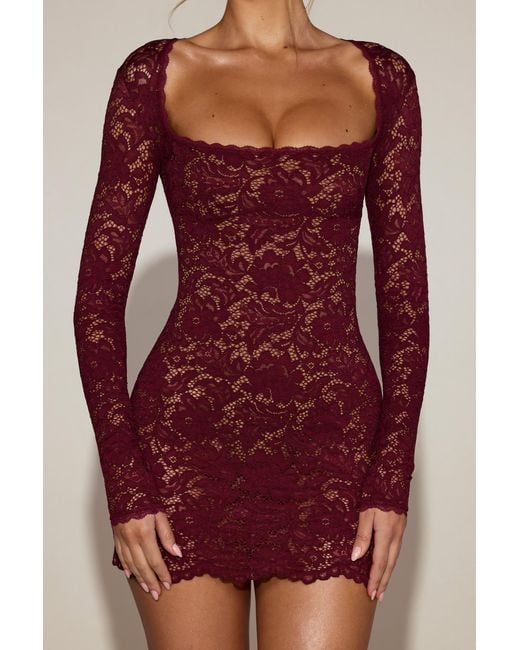 Oh Polly Red Sheer Scalloped-Lace Long-Sleeve Mini Dress