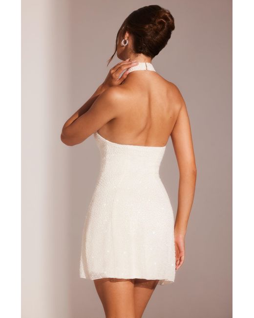Oh Polly White Embellished Asymmetric Neck A-Line Mini Dress