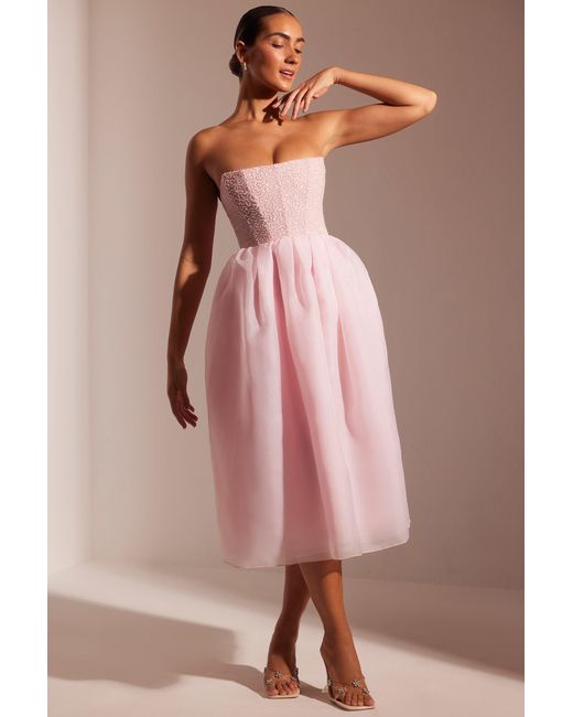 Oh Polly Pink Embellished Corset Tulle Skirt Midi Dress