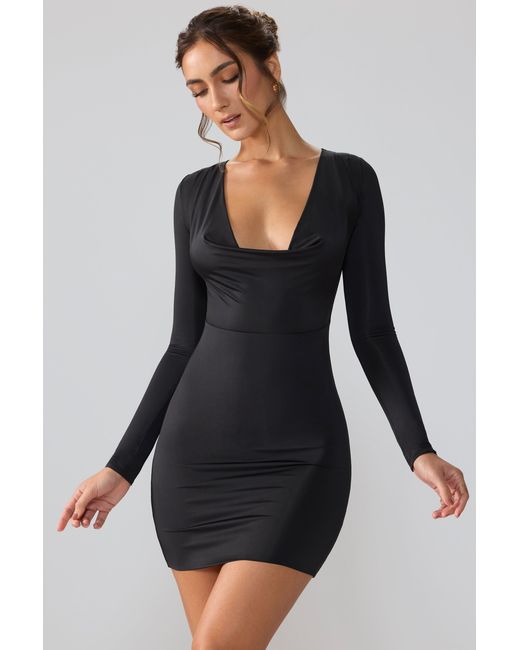 Oh Polly Black Slinky Jersey Long Sleeve Plunge Neck Mini Dress