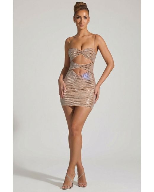 Oh Polly Natural Embellished Cut-Out Mini Dress