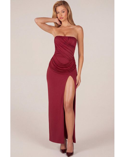 Oh Polly Red Bandeau Draped Thigh-High Maxi Dress