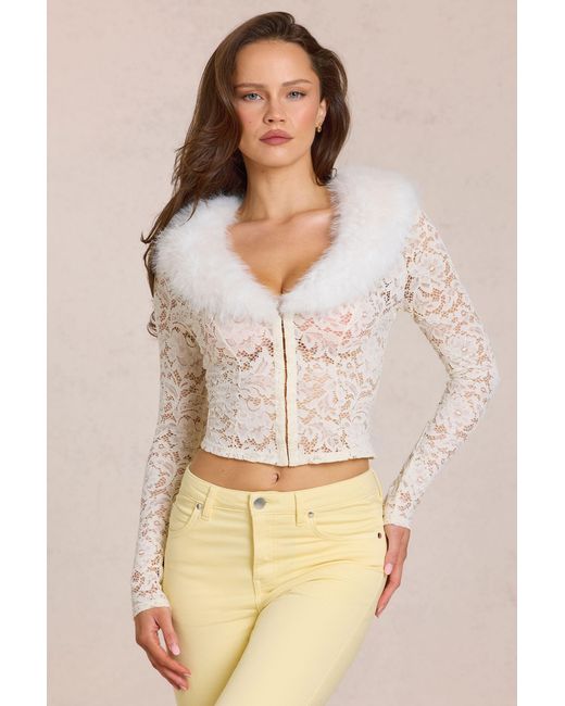 Oh Polly White Lace Faux-Fur-Trim Cardigan