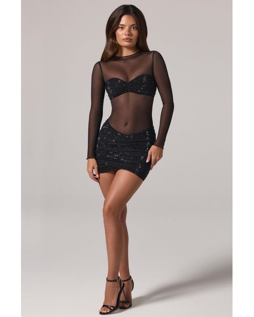 Oh Polly Black Sheer Embellished High-Neck Long Sleeve Mini Dress
