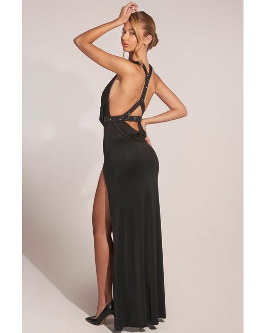 Oh Polly Black Cowl-Neck Thigh-High Gown